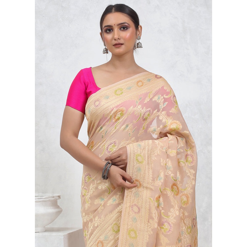 Cream Pure Georgette Saree With Blouse Piece - JD986579558