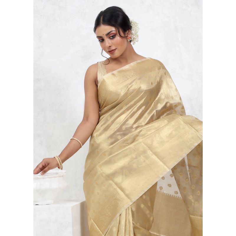 Cream Tissue Silk Saree With Blouse Piece - JD986579557