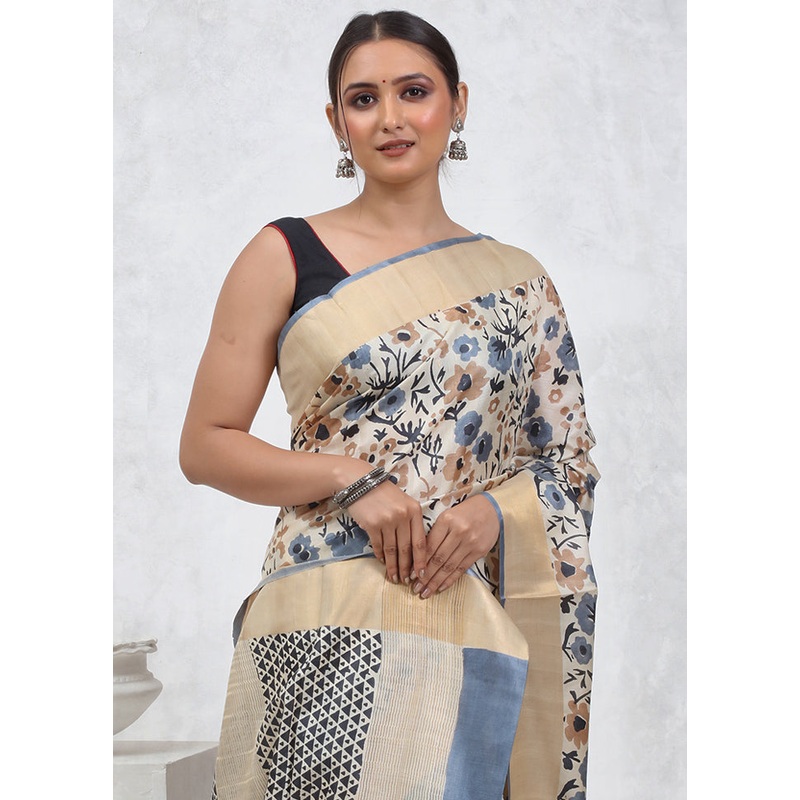 Cream Tussar Pure Silk Saree With Blouse Piece - JD986579556