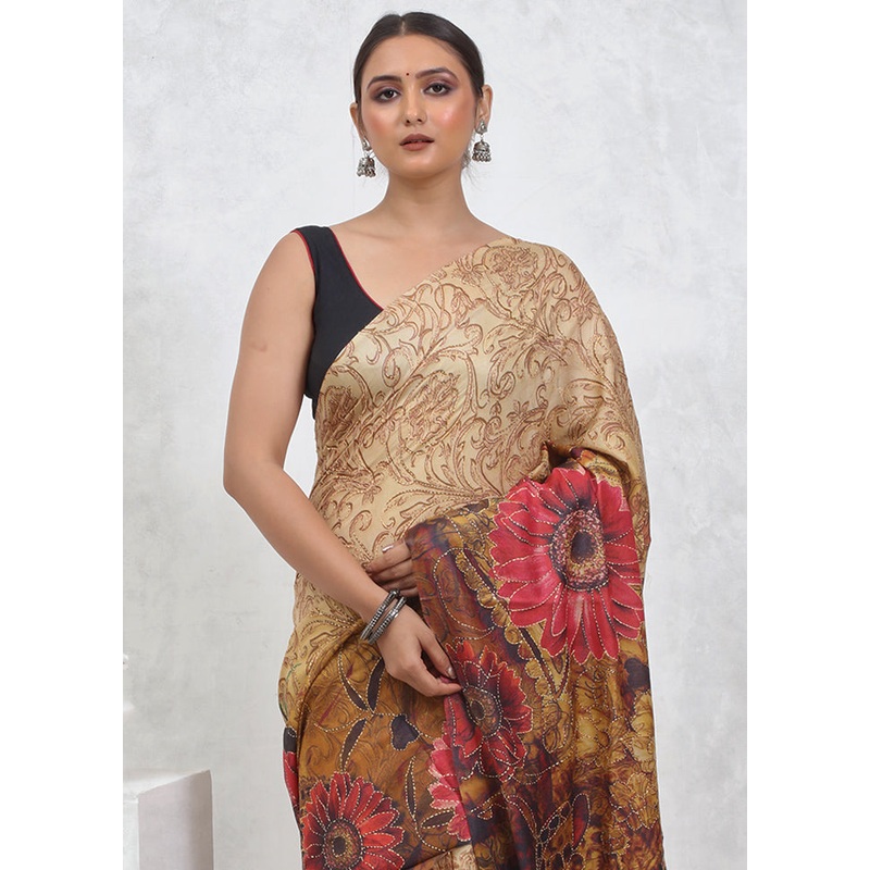Cream Tussar Silk Saree With Blouse Piece - JD986579555