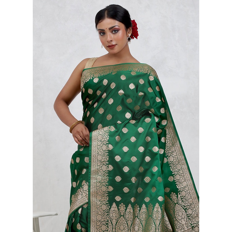 Green Banarasi Silk Saree With Blouse Piece - JD986579688