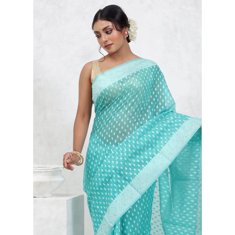 Green Cotton Saree With Blouse Piece - JD986579552