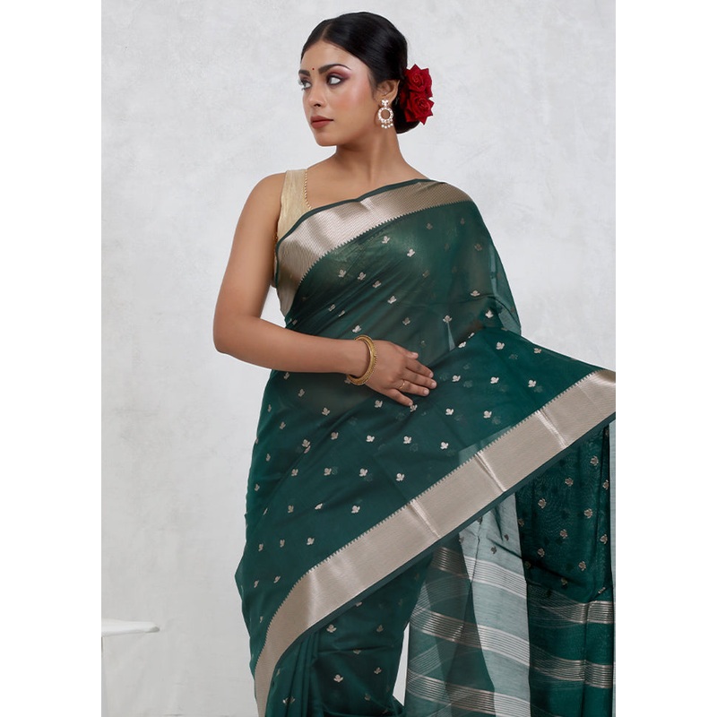 Green Cotton Saree With Blouse Piece - JD986579686