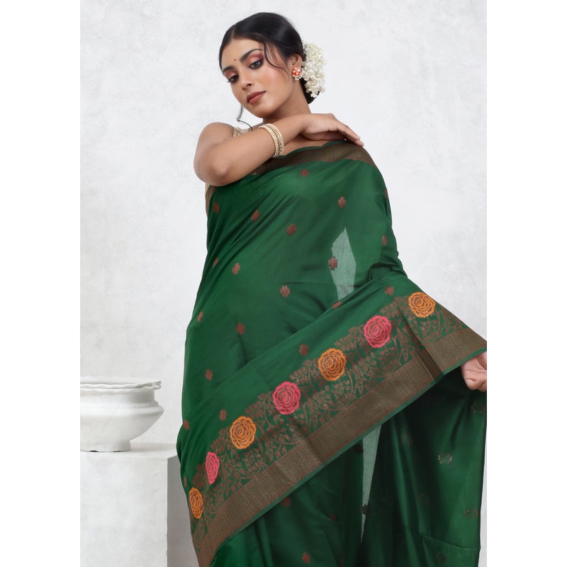 Green Dupion Silk Saree With Blouse Piece - JD986579550