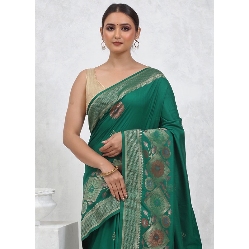 Green Dupion Silk Saree With Blouse Piece - JD986579551