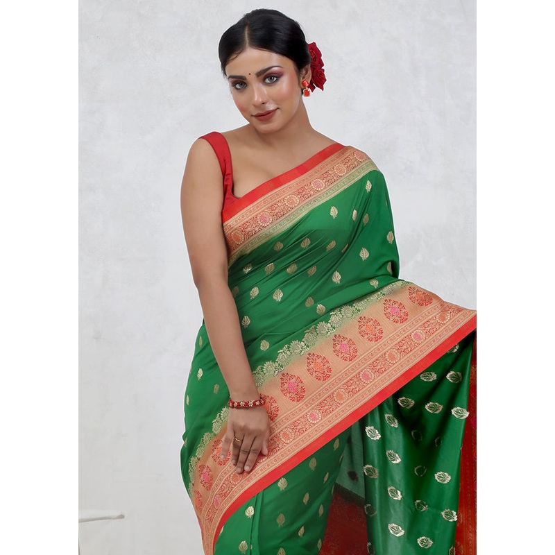 Green Dupion Silk Saree With Blouse Piece - JD986579680