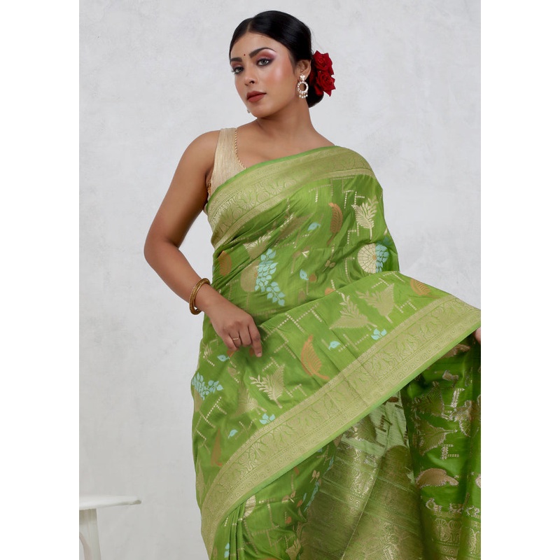 Green Dupion Silk Saree With Blouse Piece - JD986579685