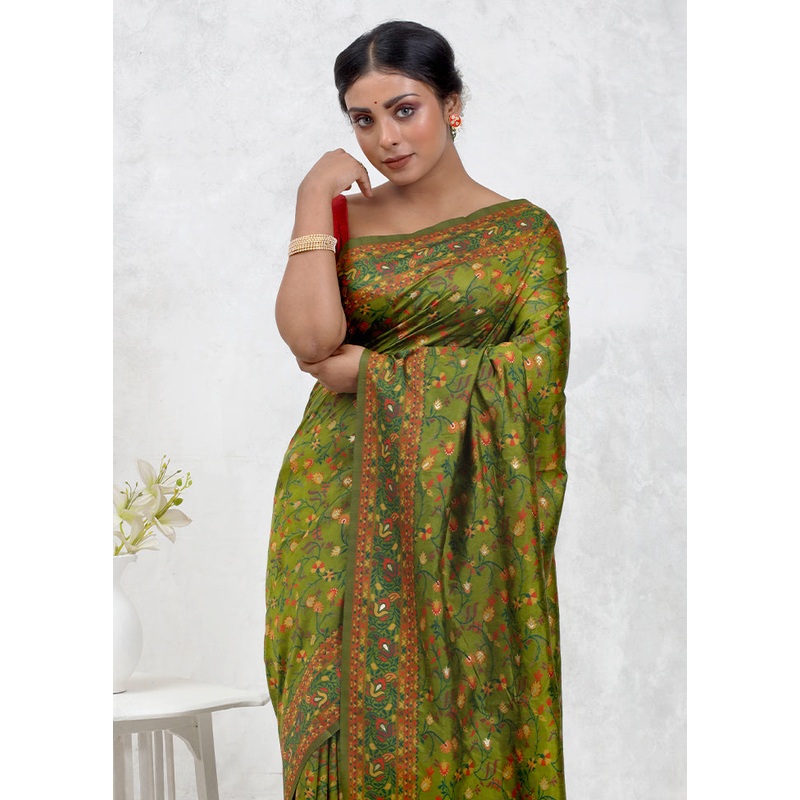 Green Dupion Silk Saree With Blouse Piece - JD986579736