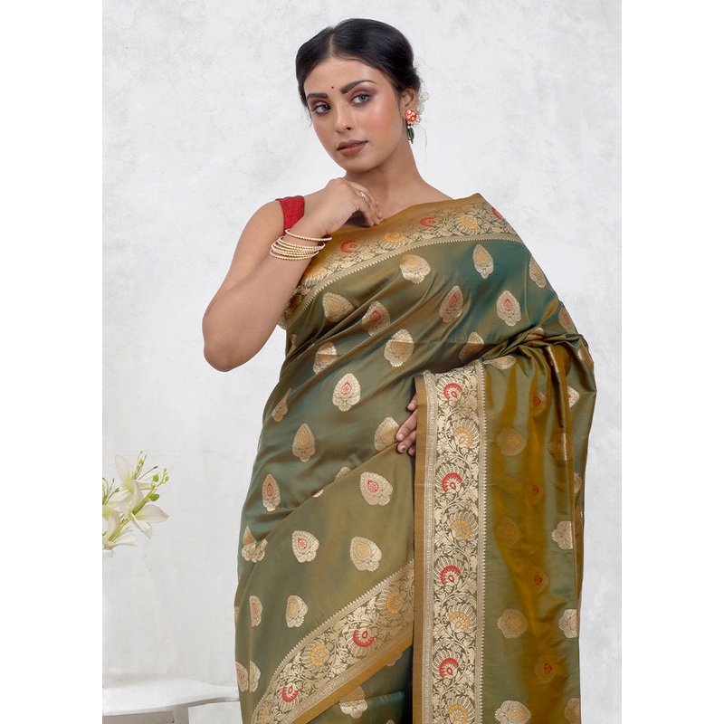 Green Dupion Silk Saree With Blouse Piece - JD986579738
