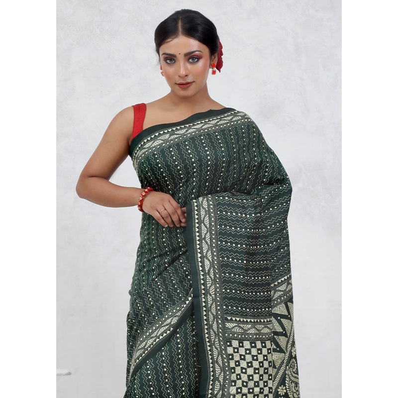 Green Kantha Stitch Pure Silk Saree With Blouse Piece - JD986579677