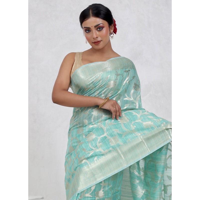 Green Kora Silk Saree With Blouse Piece - JD986579676