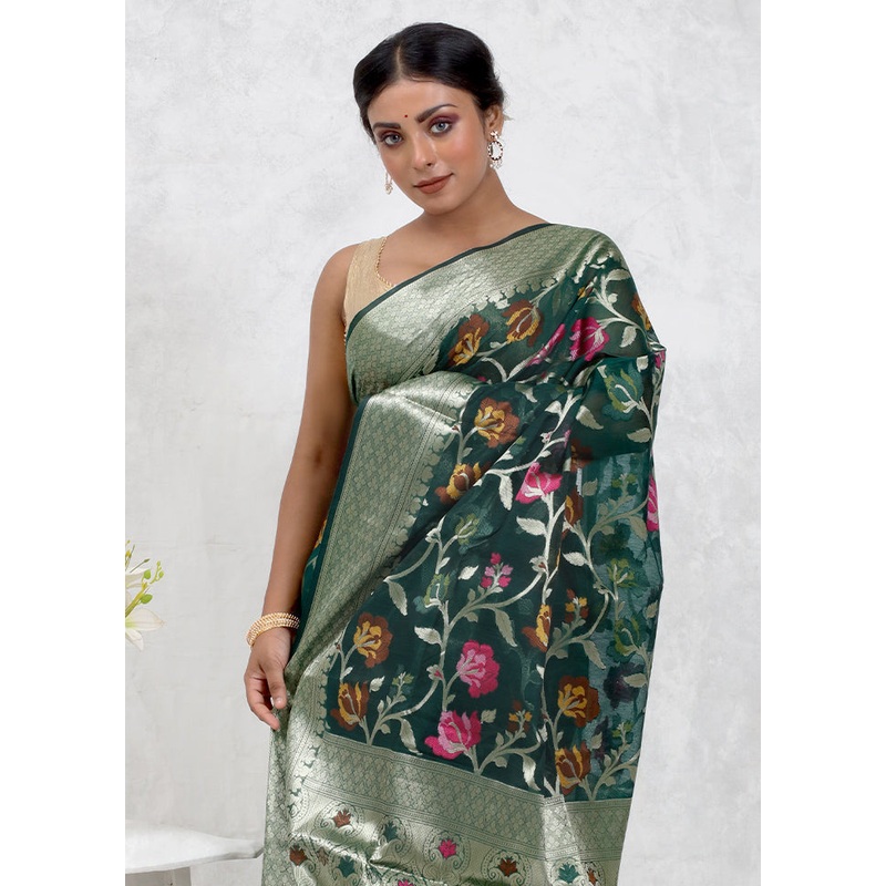 Green Kora Silk Saree With Blouse Piece - JD986579733