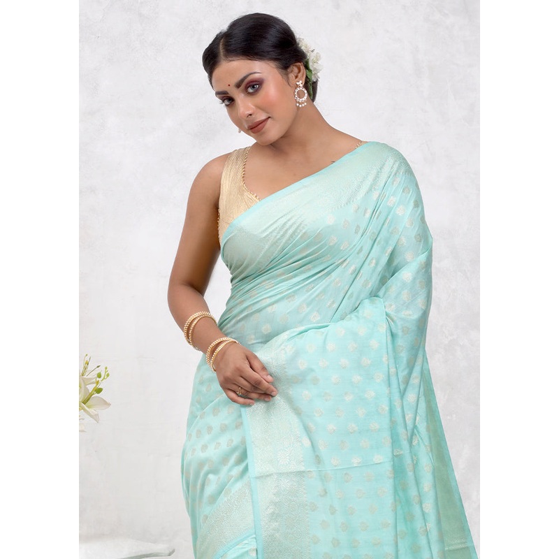 Green Pure Cotton Saree With Blouse Piece - JD986579729