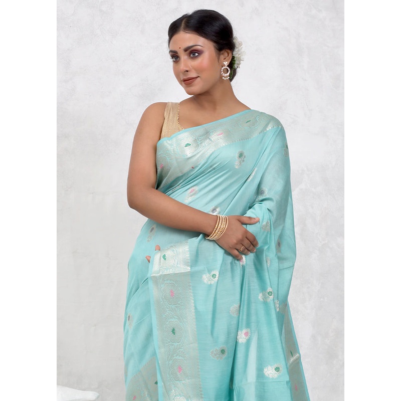 Green Pure Cotton Saree With Blouse Piece - JD986579730