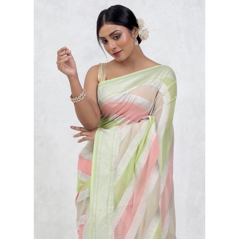 Green Pure Georgette Saree With Blouse Piece - JD986579630
