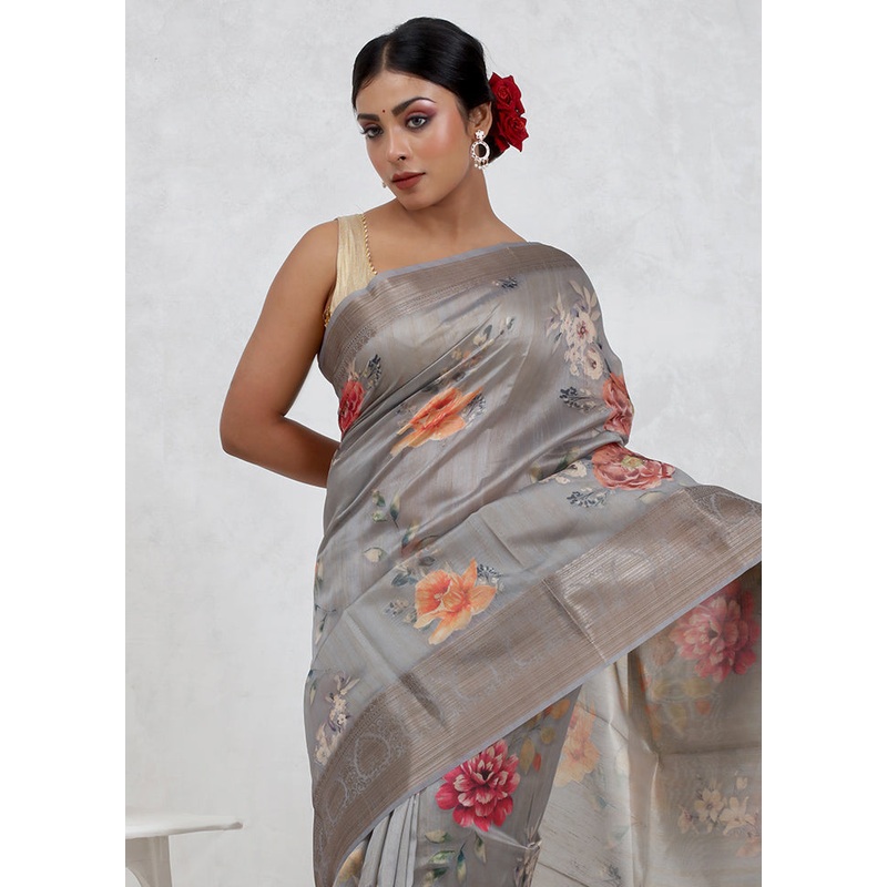 Grey Dupion Silk Saree With Blouse Piece - JD986579671