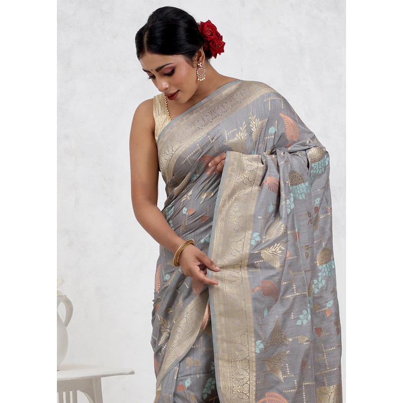 Grey Dupion Silk Saree With Blouse Piece - JD986579673
