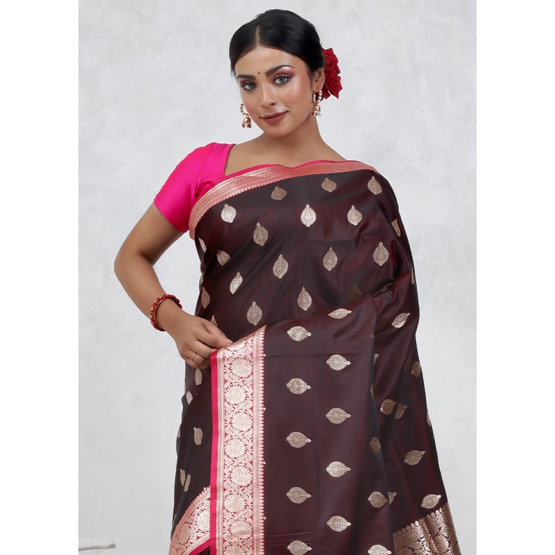 Maroon Banarasi Silk Saree With Blouse Piece - JD986579670