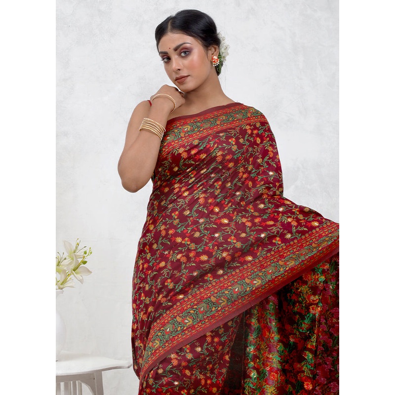 Maroon Dupion Silk Saree With Blouse Piece - JD986579712