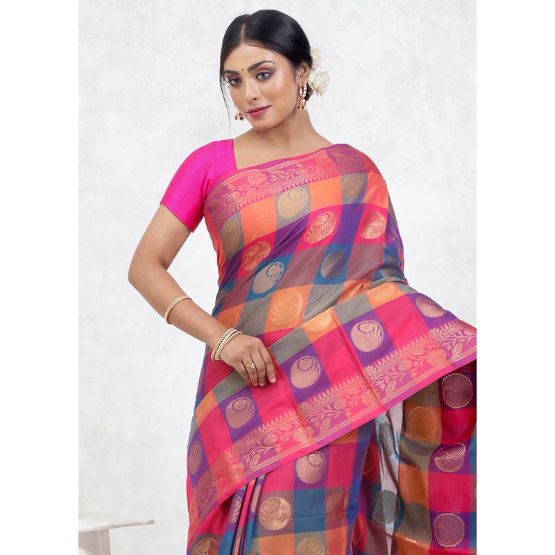 Multicolor Kora Silk Saree With Blouse Piece - JD986579622