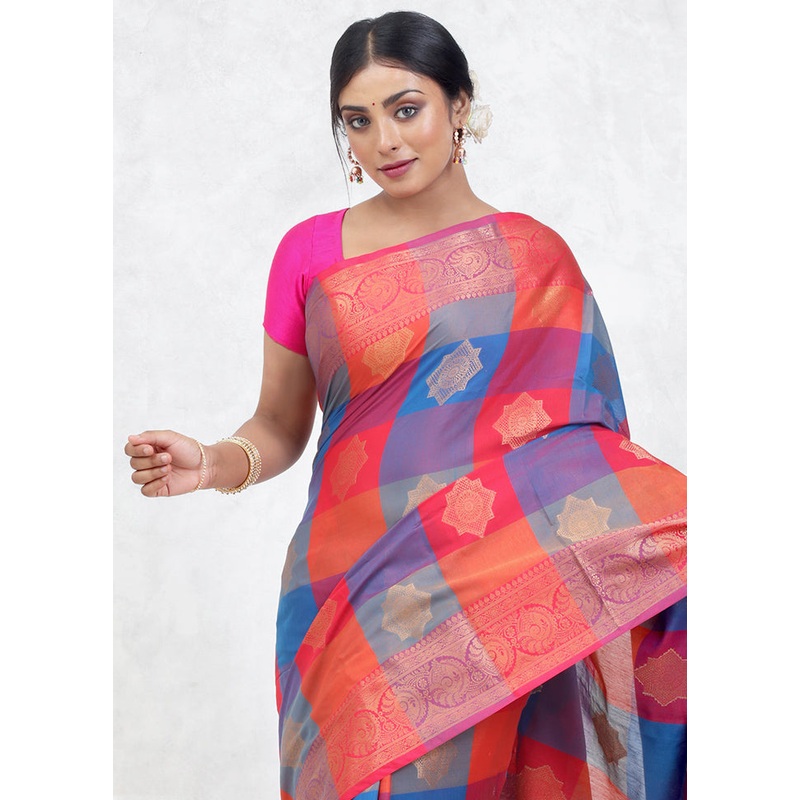 Multicolor Kora Silk Saree With Blouse Piece - JD986579623