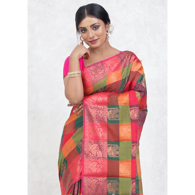 Multicolor Kora Silk Saree With Blouse Piece - JD986579634