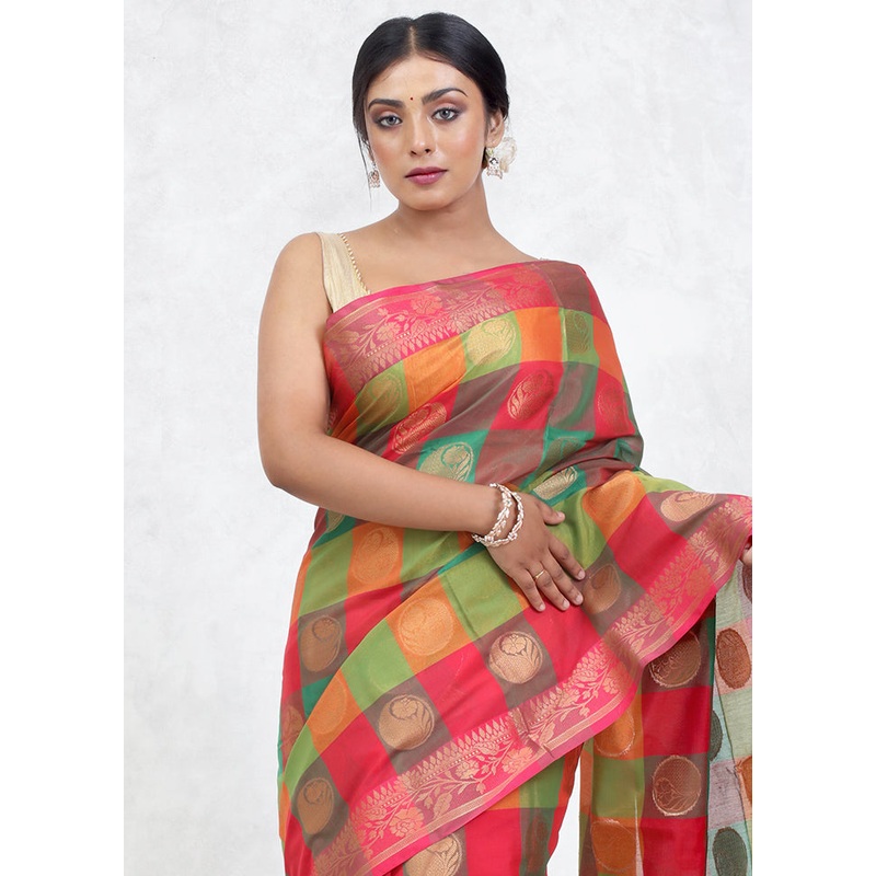 Multicolor Kora Silk Saree With Blouse Piece - JD986579635