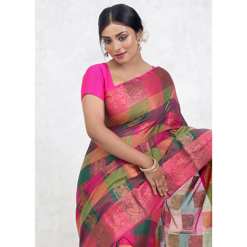 Multicolor Kora Silk Saree With Blouse Piece - JD986579636
