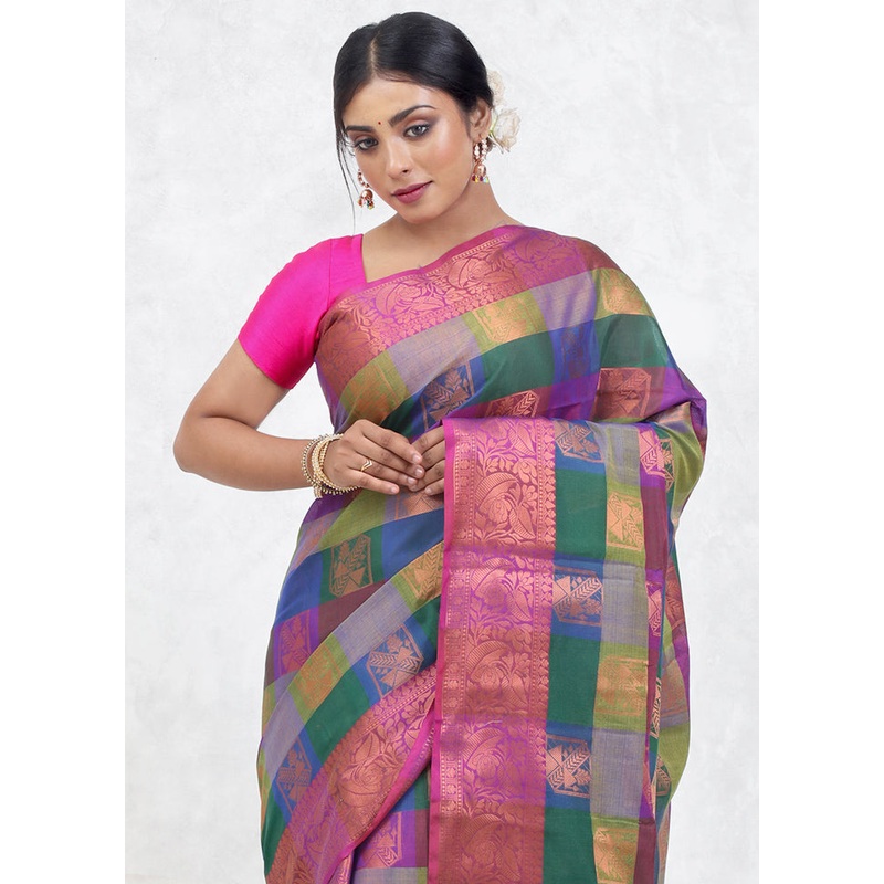 Multicolor Kora Silk Saree With Blouse Piece - JD986579637