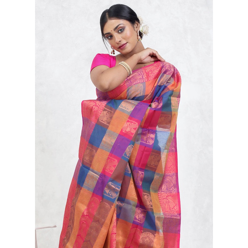 Multicolor Kora Silk Saree With Blouse Piece - JD986579645