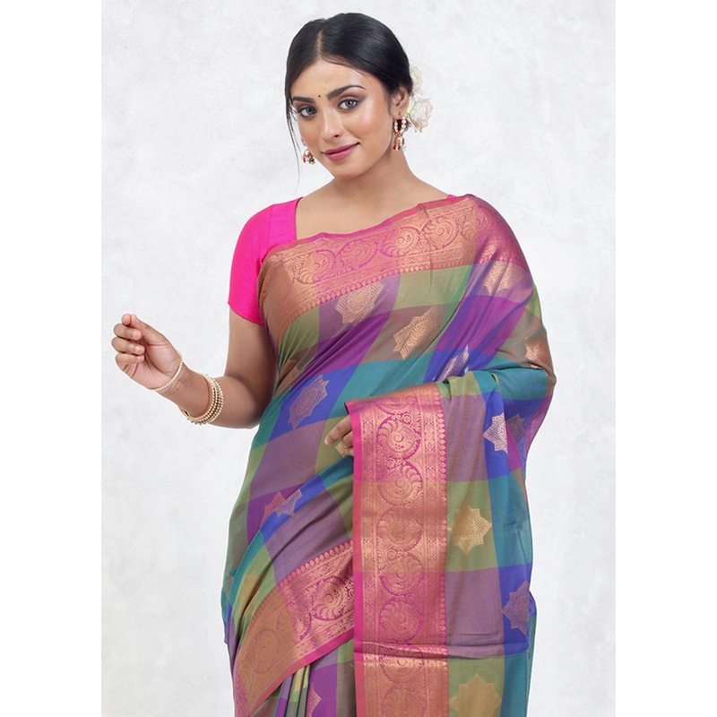 Multicolor Kora Silk Saree With Blouse Piece - JD986579646