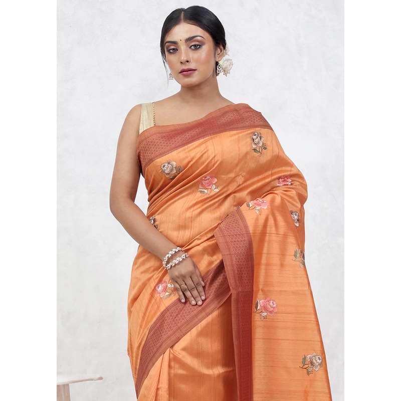 Orange Dupion Silk Saree With Blouse Piece - JD986579629