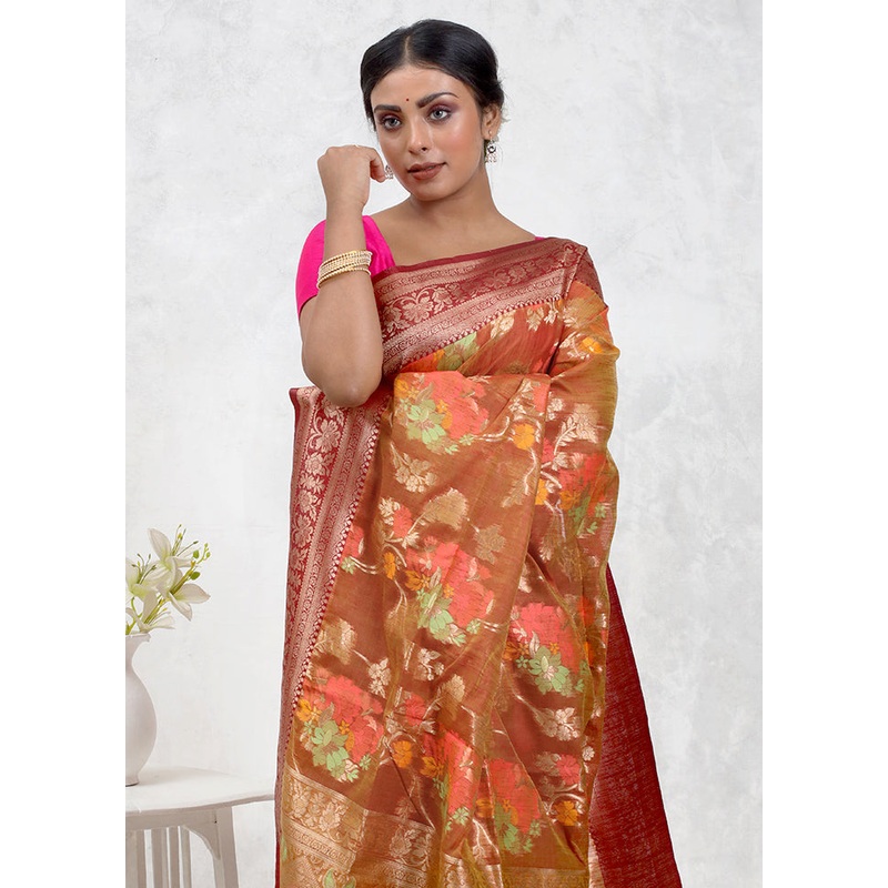 Orange Dupion Silk Saree With Blouse Piece - JD986579722