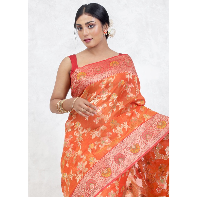 Orange Kora Silk Saree With Blouse Piece - JD986579627