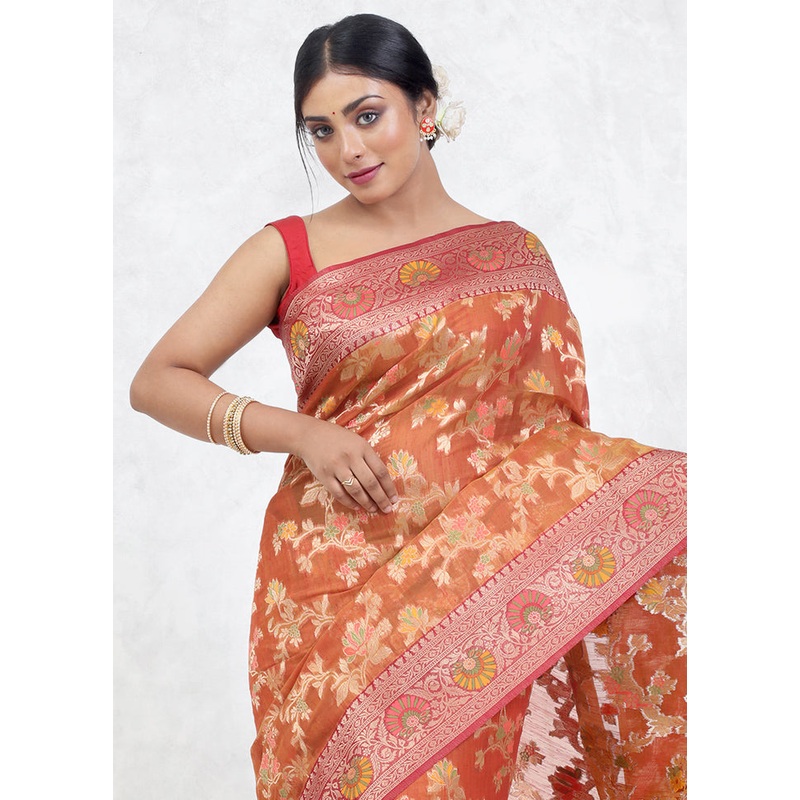Orange Kora Silk Saree With Blouse Piece - JD986579628