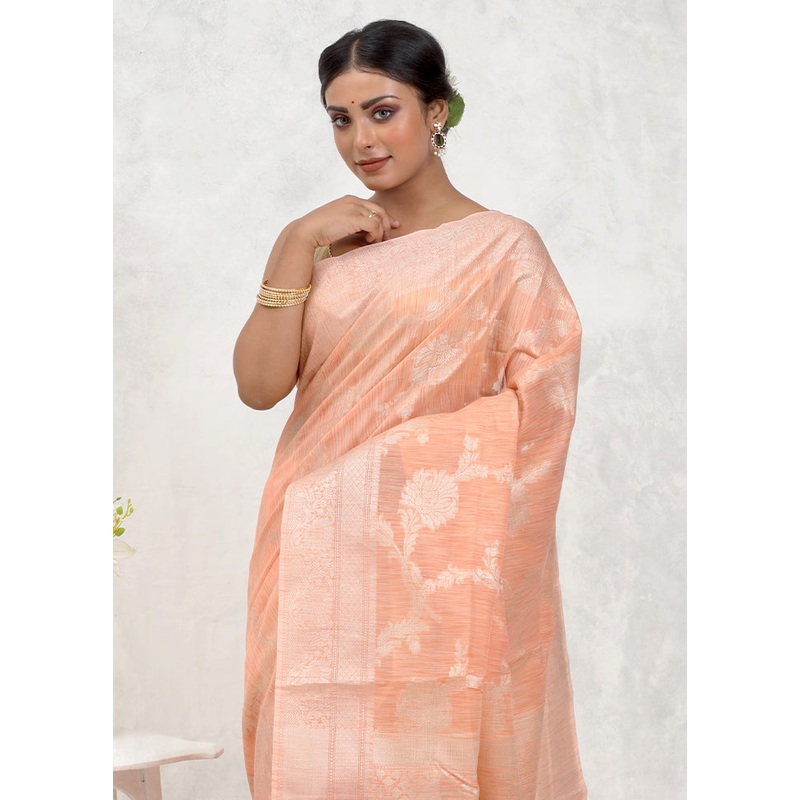 Peach Kora Silk Saree With Blouse Piece - JD986579718
