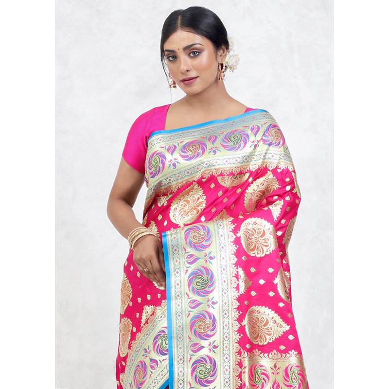 Pink Banarasi Silk Saree With Blouse Piece - JD986579626