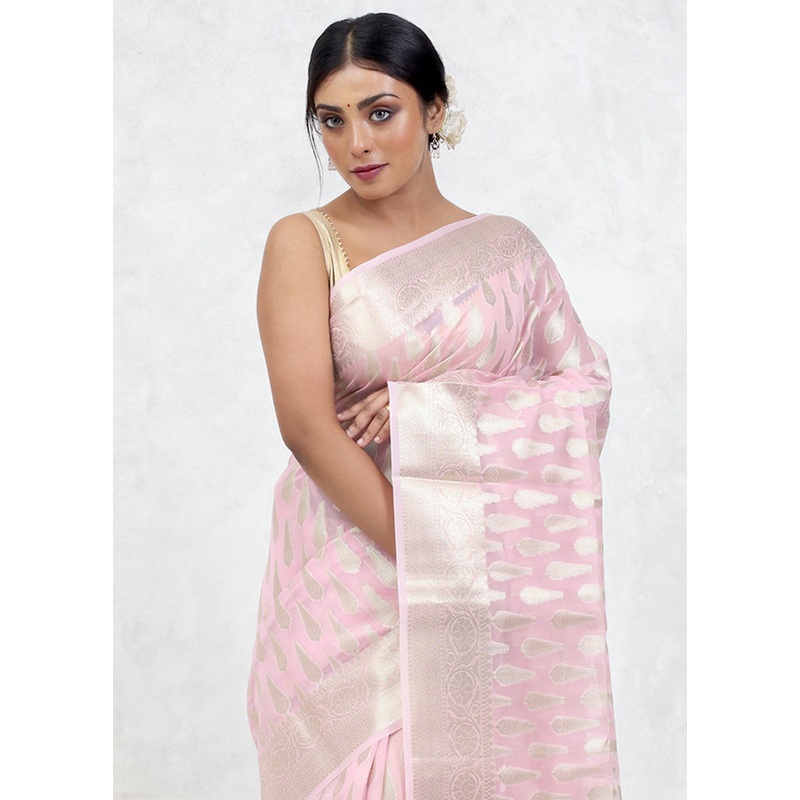 Pink Kora Silk Saree With Blouse Piece - JD986579624