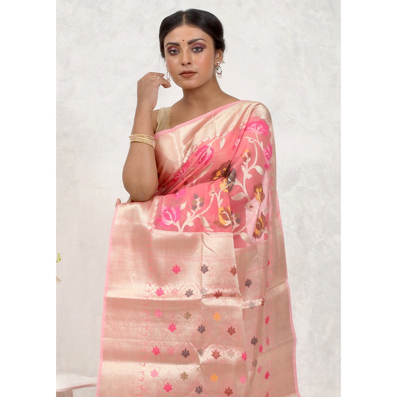 Pink Kora Silk Saree With Blouse Piece - JD986579710