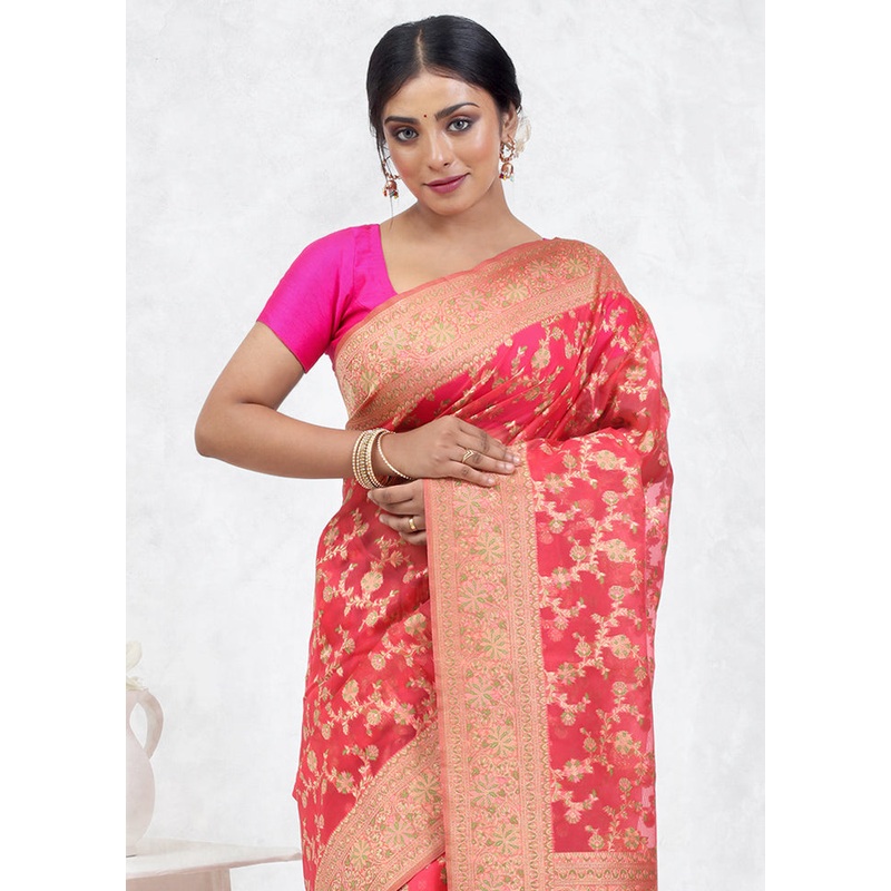 Pink Organza Saree With Blouse Piece - JD986579620