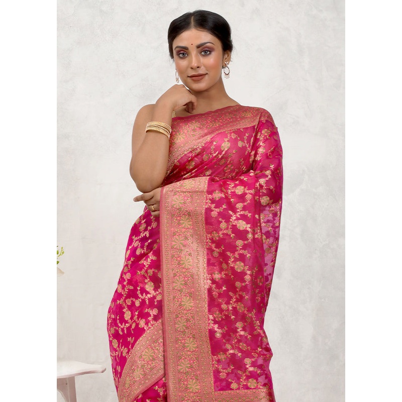 Pink Organza Saree With Blouse Piece - JD986579709