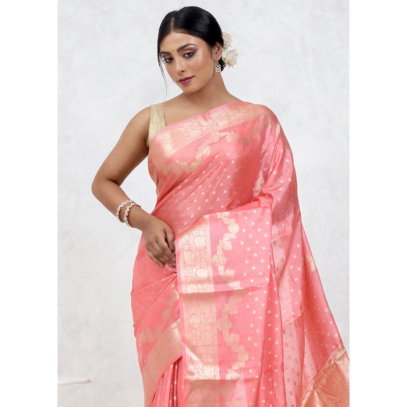 Pink Tussar Silk Saree With Blouse Piece - JD986579617