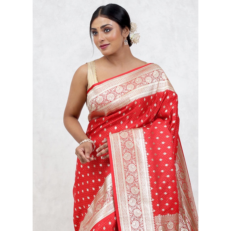 Red Banarasi Silk Saree With Blouse Piece - JD986579616