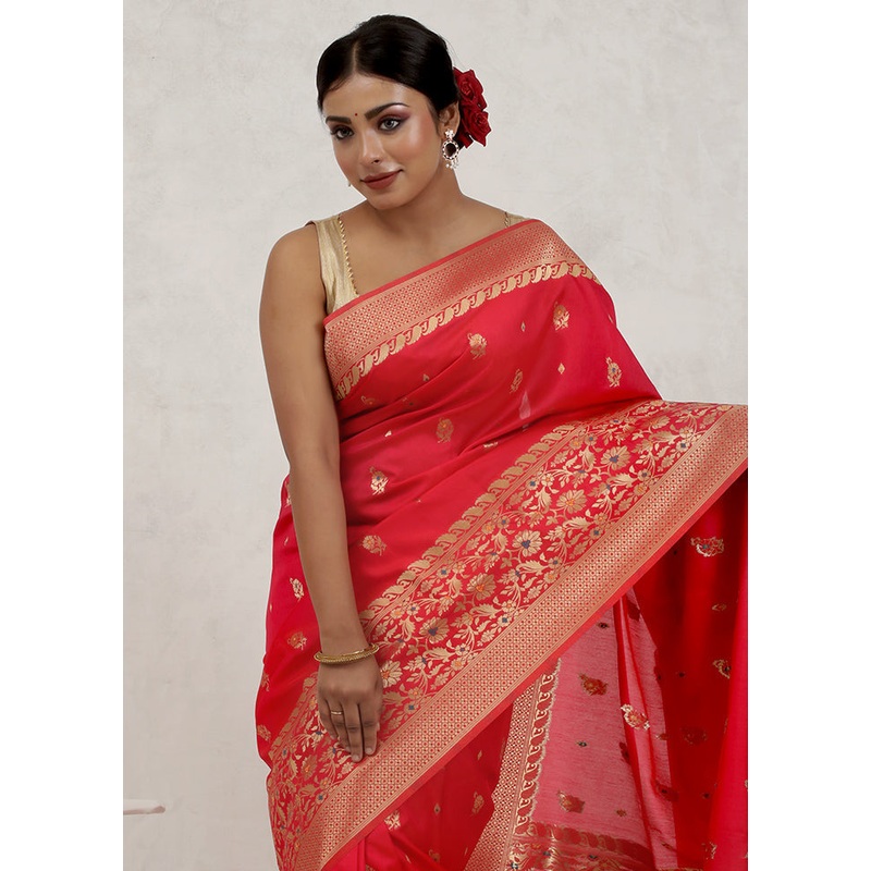 Red Dupion Silk Saree With Blouse Piece - JD986579664