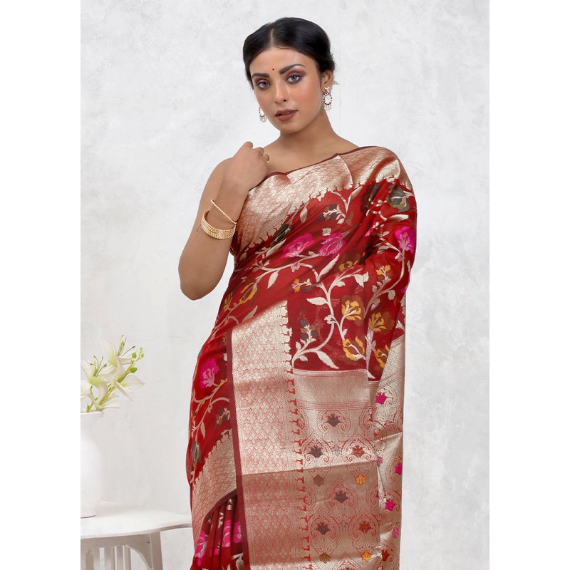 Red Kora Silk Saree With Blouse Piece - JD986579707