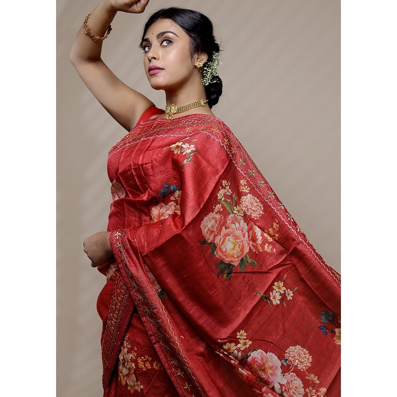 Red Tussar Pure Silk Saree With Blouse Piece - JD986579701