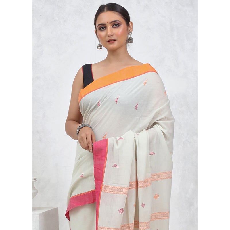 White Cotton Saree With Blouse Piece - JD986579564