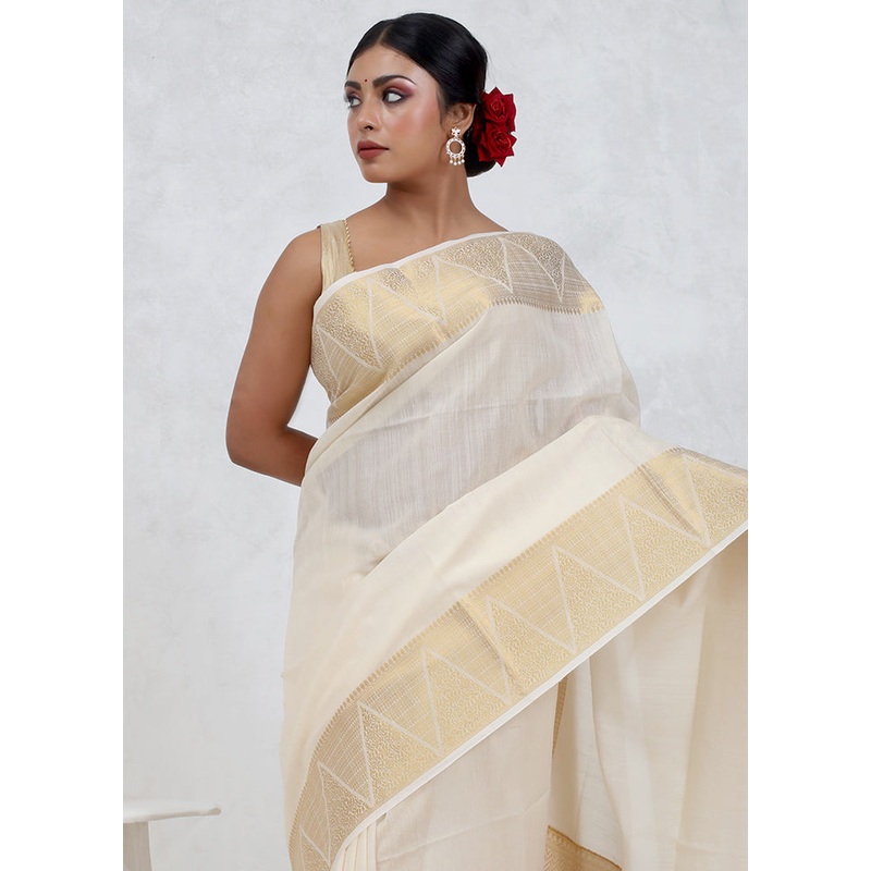 White Dupion Silk Saree With Blouse Piece - JD986579655