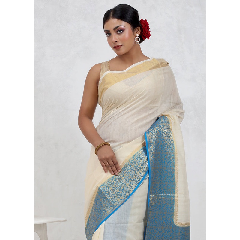 White Dupion Silk Saree With Blouse Piece - JD986579691