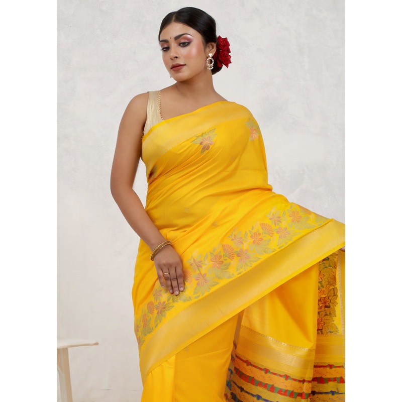 Yellow Dupion Silk Saree With Blouse Piece - JD986579653